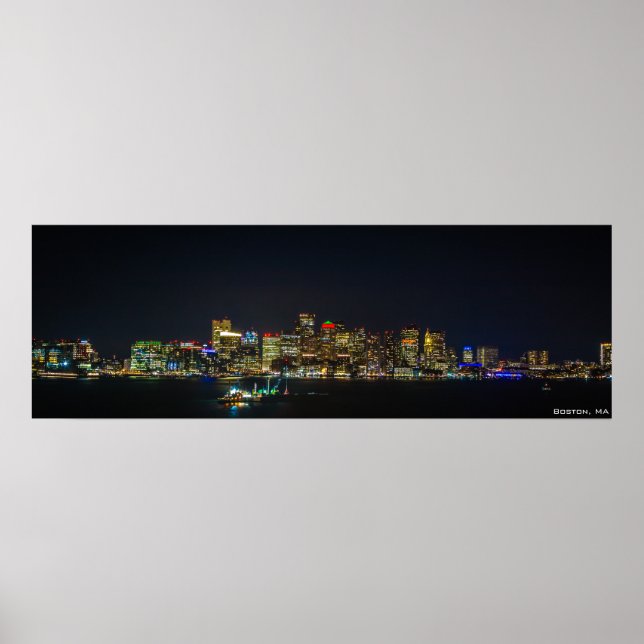 Póster 36" x 12", Boston Skyline de noche (Frente)
