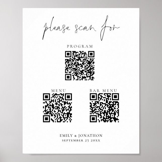 Póster 3 en un código Qr Menú Menú Programa Boda de guion (Frente)