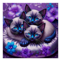 3 gatitos siameses flores moradas almohada de plat