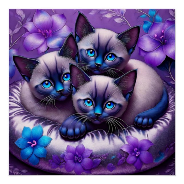 Póster 3 gatitos siameses flores moradas almohada de plat (Anverso)