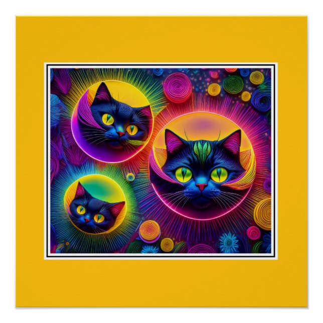 Póster 3 Gatos De Fantasía En Burbujas Energéticas Radian (Anverso)