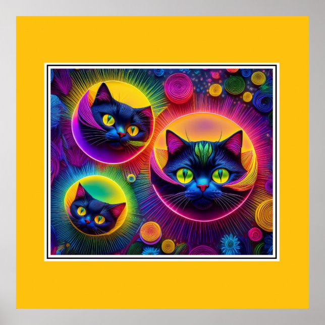 Póster 3 Gatos De Fantasía En Burbujas Energéticas Radian (Frente)