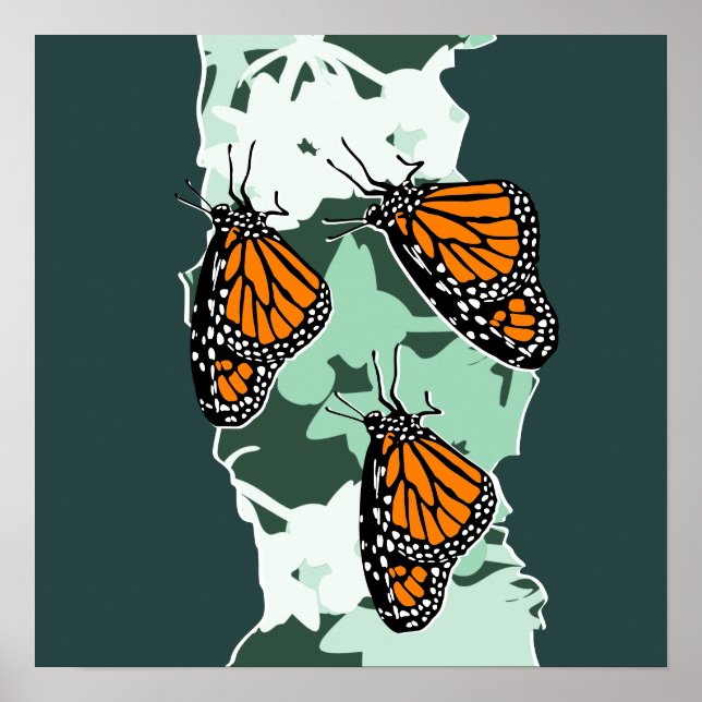 Póster 3 Insectos Naranja de mariposas monarca y verde (Frente)