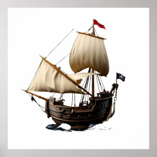 Póster 3D Cartoon Galleon with Pirate Flag