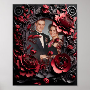 Póster 3D Carved Black and Red Floral Frame