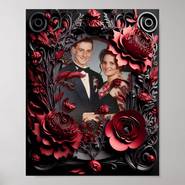 Póster 3D Carved Black and Red Floral Frame (Frente)