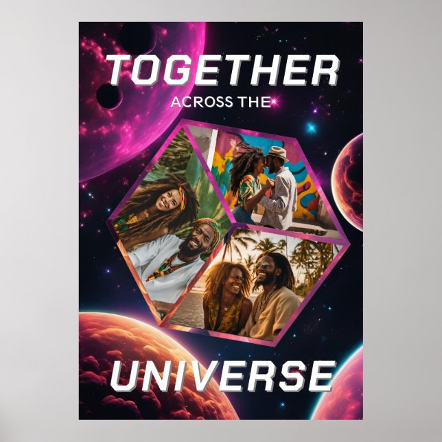 Póster 3D Fotowürfel im Weltraum mit Planeten (Frente)