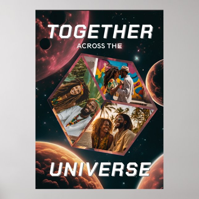 Póster 3D Fotowürfel im Weltraum mit Planeten (Frente)