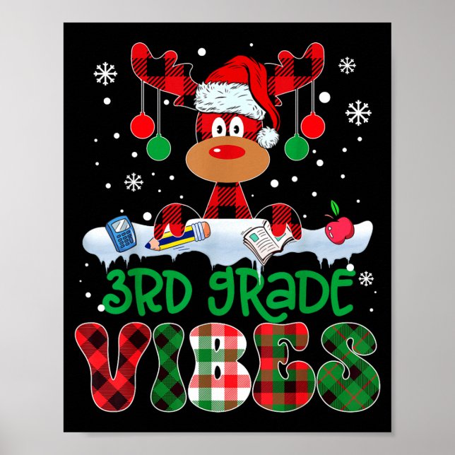 Póster 3rd Grade Vibes Teacher Buffalo Red Plaid Reindeer (Frente)