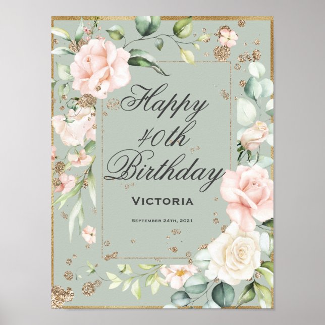 Póster 40.º 4040 Birthday Floral Sage Green (Frente)