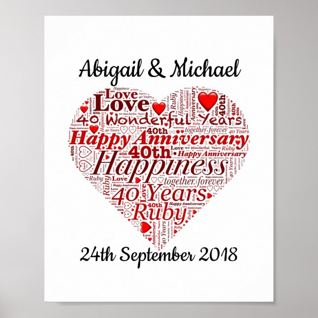 Póster 40.º Aniversario de Ruby Boda Imprimir Word Art (Frente)