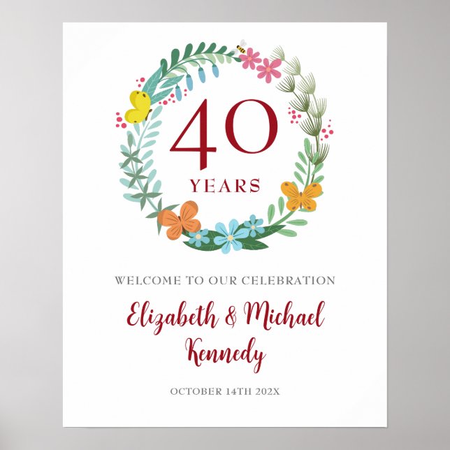Póster 40 Aniversario de Ruby Bienvenida Floral Rótulo de (Frente)