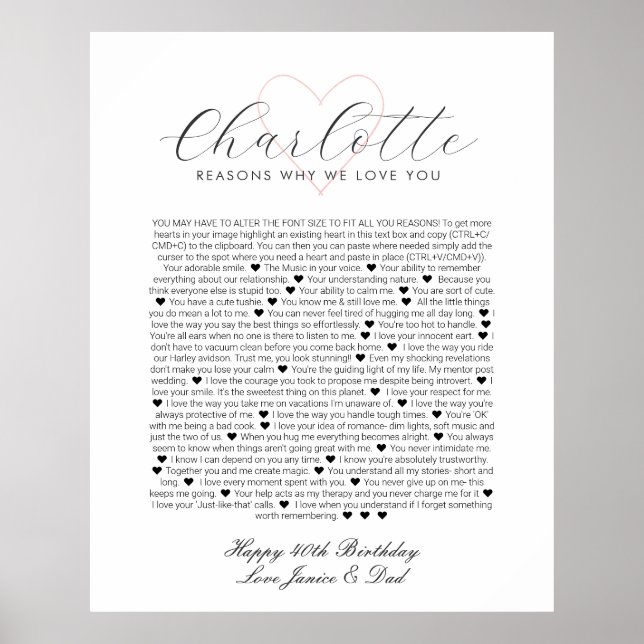 Póster 40 cosas que amo de ti aniversario Poste (Frente)