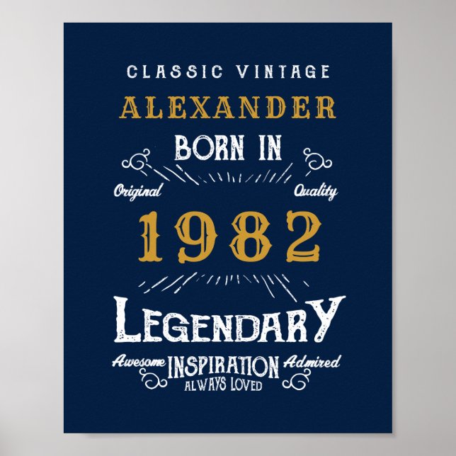 Póster 40 cumpleaños 1982 Añadir nombre oro azul legendar (Frente)