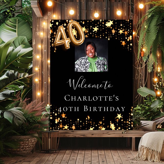 Póster 40° cumpleaños estrellas de oro negro foto bienven (Subido por el creador)