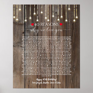Póster 40 razones por las que te amo luces de madera