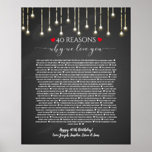 Póster 40 razones por las que te amo luces de pizarra