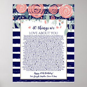 Póster 40 things we love about you navy stripes pink rose