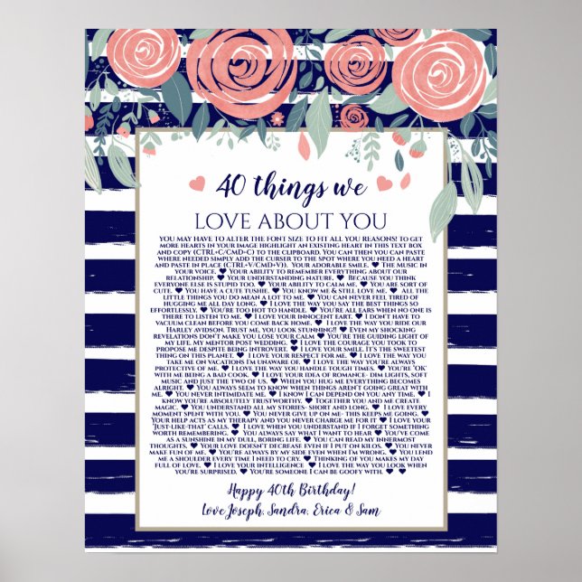 Póster 40 things we love about you navy stripes pink rose (Frente)