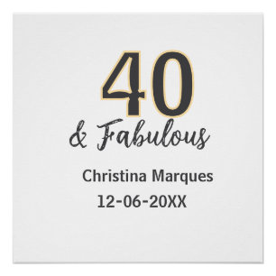Póster 40 y fabuloso cumpleaños caligrafía gris amarillo