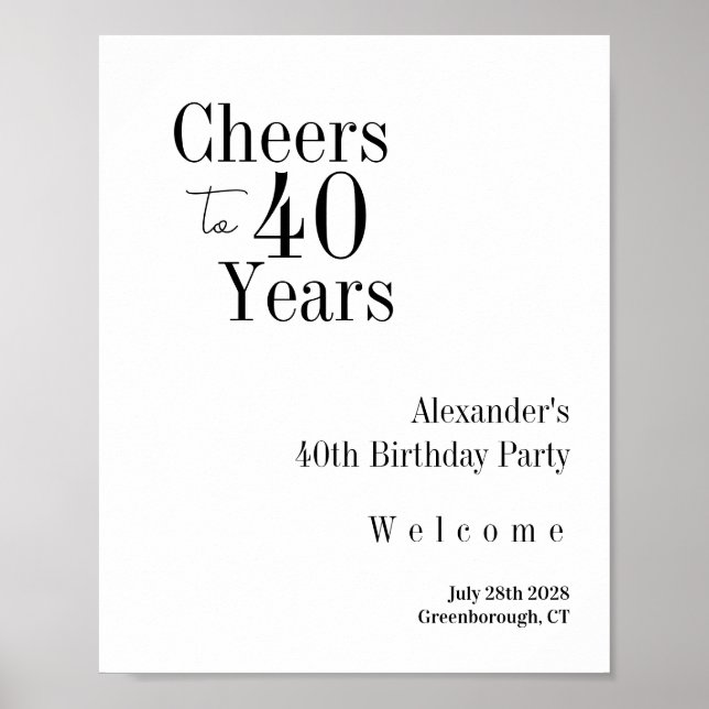 Póster 40th Birthday Cheers to 40 Years Black White Party (Frente)