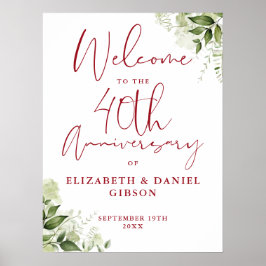 Póster 40th Wedding Anniversary Greenery Welcome Sign