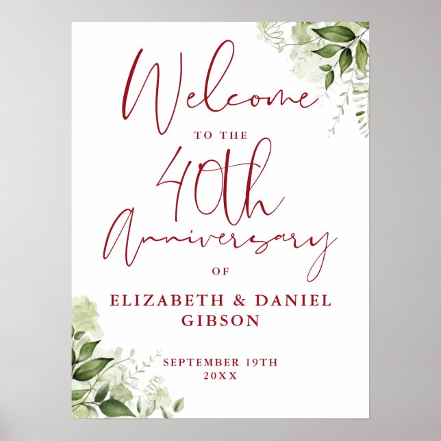 Póster 40th Wedding Anniversary Greenery Welcome Sign (Frente)