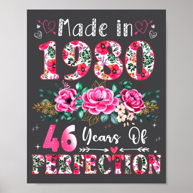 Póster 46 Year Old Made In 1980 Floral 46th Birthday Wome (Frente)