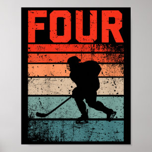 Póster 4.º cumpleaños hockey sobre hielo retro Chica de n