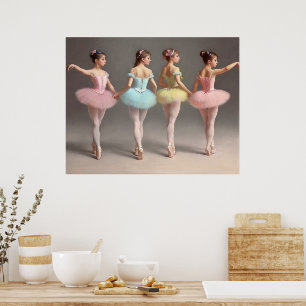 Póster 4 bailarinas con tutús rosa, amarillo, verde dulce