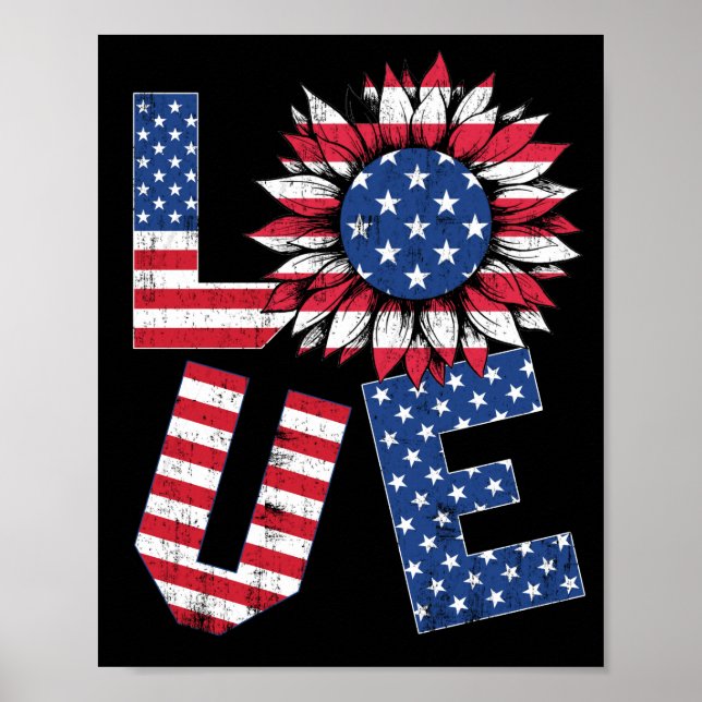 Póster 4 De Julio Amor Girasol Bandera Patriótica Estadou (Frente)