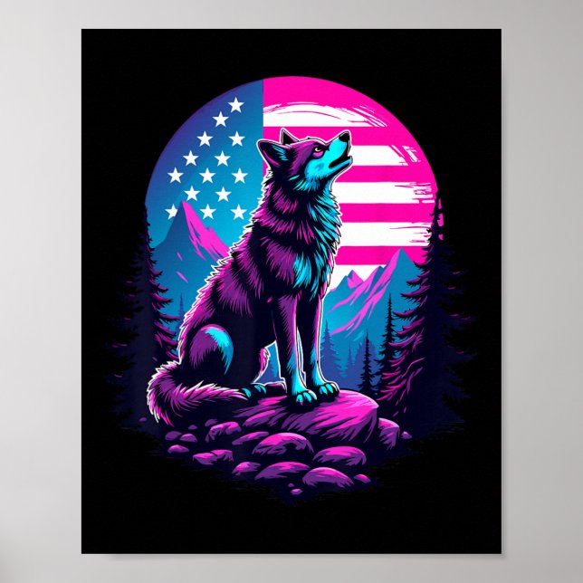 Póster 4 De Julio Bandera Estadounidense Howling Wolf Baj (Frente)