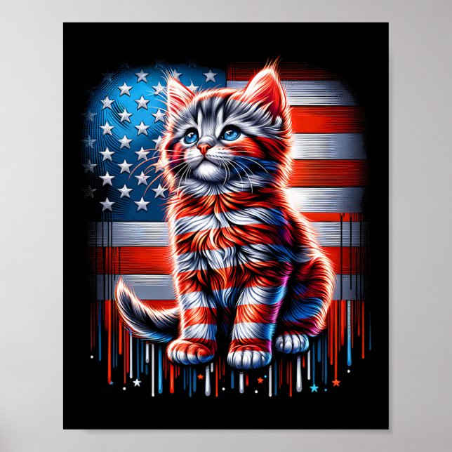 Póster 4 De Julio Cat Bandera Estadounidense Cute Kitten  (Frente)