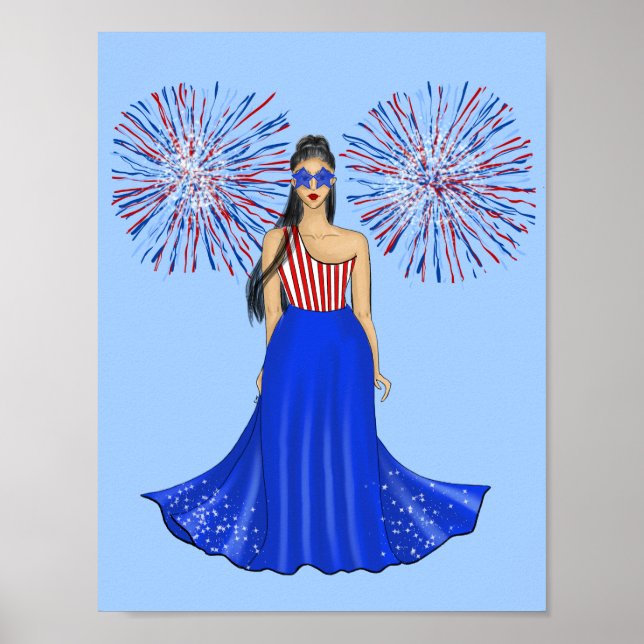 Póster 4 de julio con Ilustracion de moda de fuegos artif (Frente)