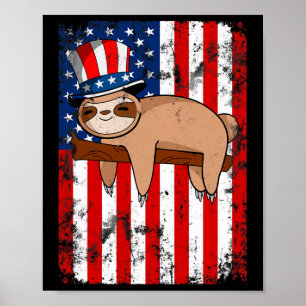 Póster 4 De Julio Cute Sloth Estados Unidos Bandera Indep
