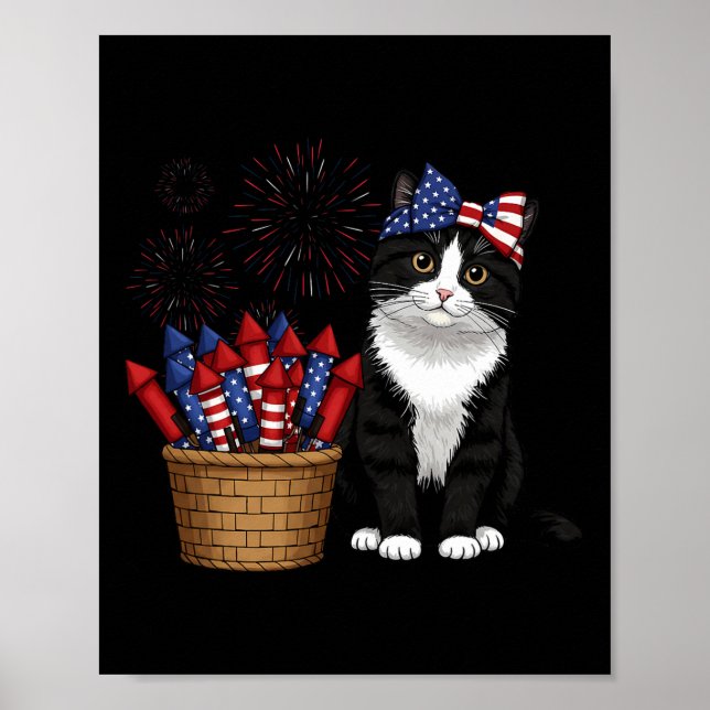 Póster 4 De Julio Diseño De Gatos Y Fuegos Artificiales P (Frente)