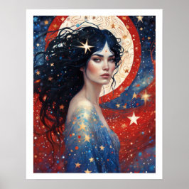 Póster 4 de julio Mujer en rojo fuegos artificiales Art D