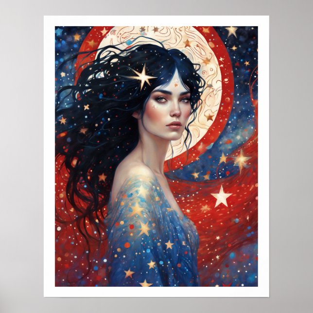 Póster 4 de julio Mujer en rojo fuegos artificiales Art D (Frente)