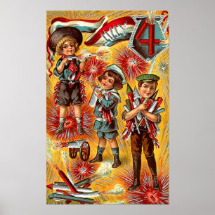 Póster 4 de julio - Niños con Poster de fuegos artificial