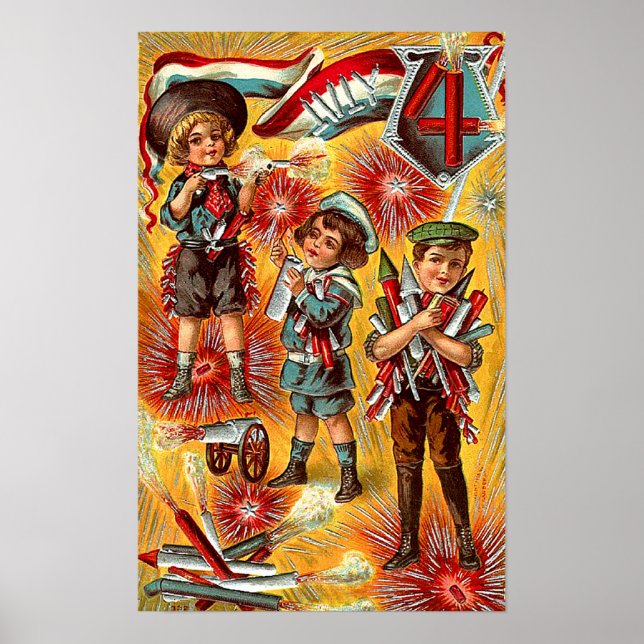 Póster 4 de julio - Niños con Poster de fuegos artificial (Frente)
