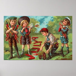 Póster 4 de julio Niños con Poster de fuegos artificiales