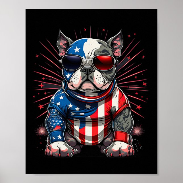 Póster 4 De Julio Patriótico Estadounidense Bully Perro B (Frente)