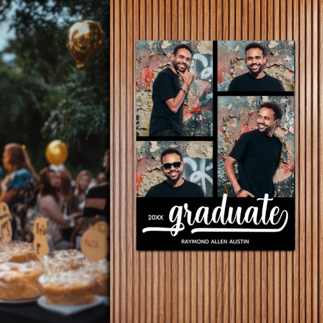 Póster 4 fotos modernas sobre graduación negra (Modern 4 photo on black graduation party poster - PRINTED and/or INSTANT DOWNLOAD)