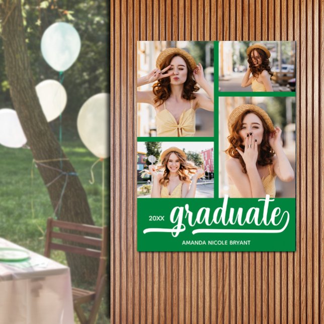 Póster 4 fotos modernas sobre graduación verde (Modern 4 photo on green graduation party poster - PRINTED and/or INSTANT DOWNLOAD)