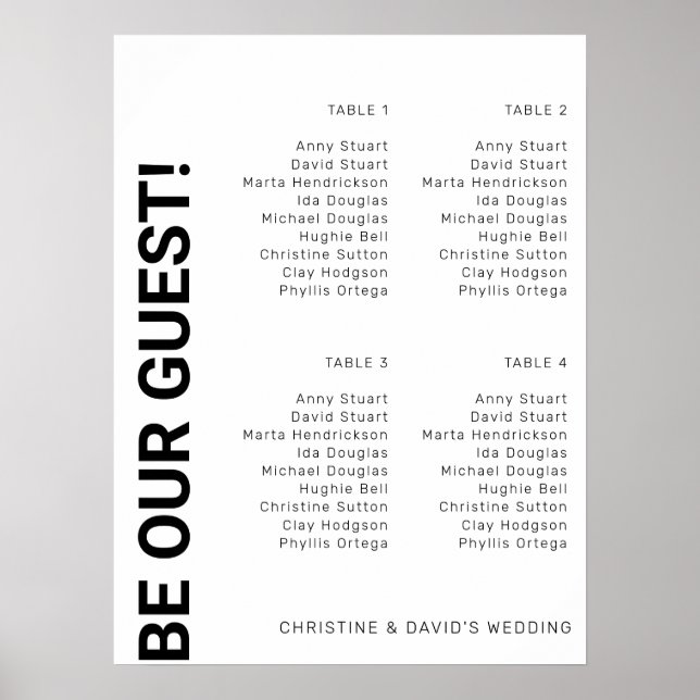 Póster 4 mesa Gráfico de asientos de boda Simple Blanco (Frente)