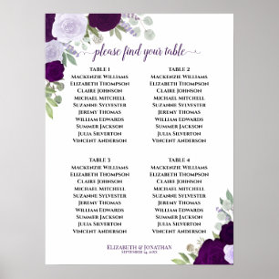Póster 4 Mesa Rosas Purpura Gráfico de Asientos de Boda E