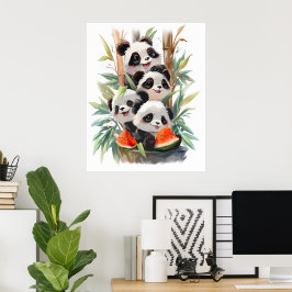 Póster 4 pandas y una sandía
