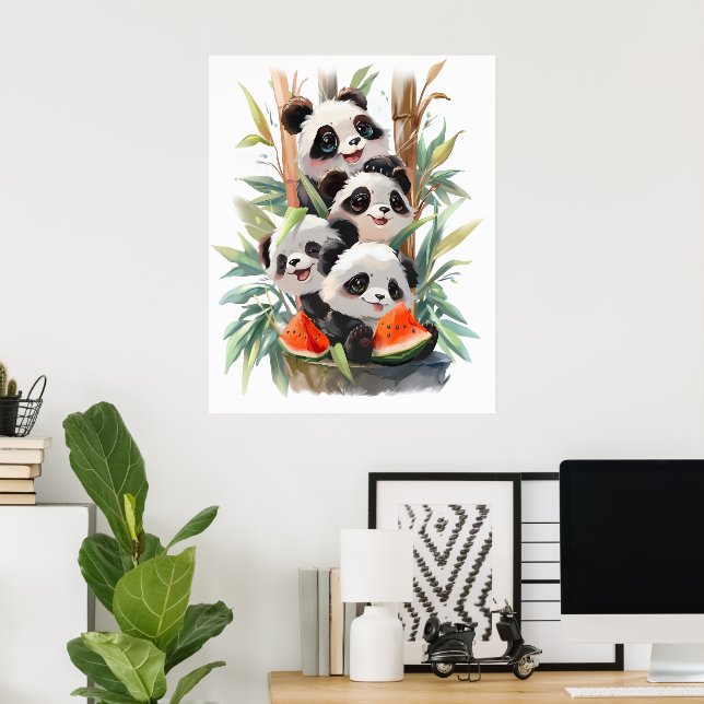 Póster 4 pandas y una sandía (Oficina en casa)