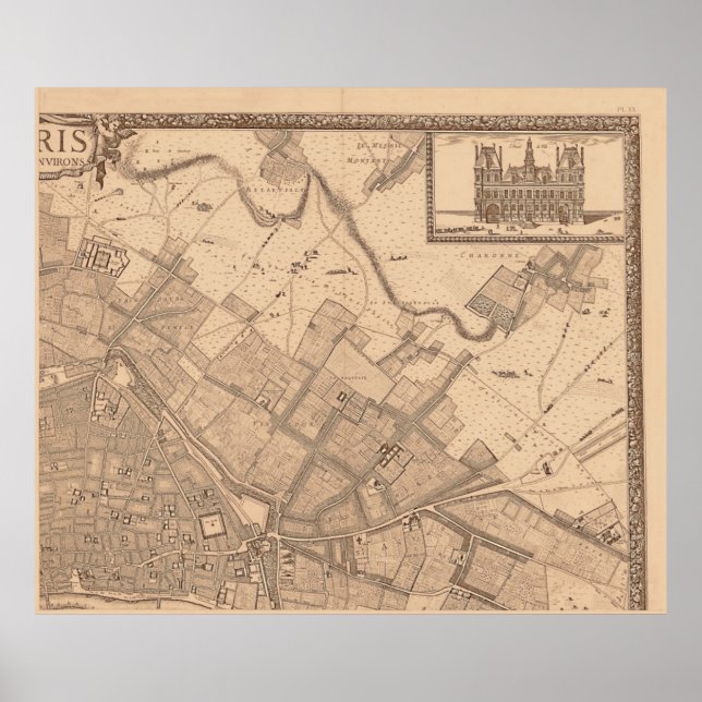 Póster 4 Panel Sepia de Rochefort Mapa de París 2 (Frente)