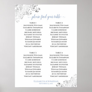 Póster 4 Salones de mesa Boda Tabla de asientos azul sobr